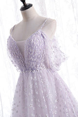 Bridesmaid Dresses Colors, Lovely V-Neck Floral Tulle Long Prom Dress, Lavender A Line Evening Party Dress