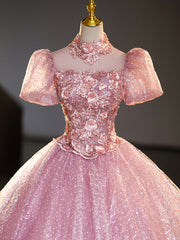 Bridesmaids Dresses For Beach Weddings, Pink Tulle and Lace Long Prom Dress with Sequins, Beautiful A-Line Sweet 16 Dress