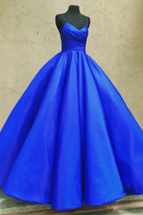 Prom Gown, Blue Satin Long Prom Dresses, A-Line Evening Dresses