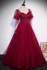 Formal Dress Fall, Burgundy Tulle Beading Long Prom Dresses, A-Line Formal Evening Dresses