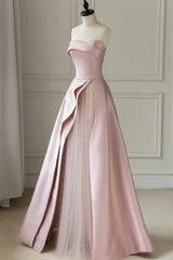 Bridesmaid Dresses In Store, Pink Strapless Satin Floor Length Prom Dress, A-Line Formal Evening Dress