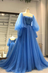 Party Dress Reception Wedding, Blue Tulle Long Prom Dresses, A-Line Long Sleeve Evening Dresses