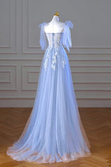 Party Dresses Style, Blue Spaghetti Strap Tulle Lace Long Prom Dress, A-Line Evening Party Dress
