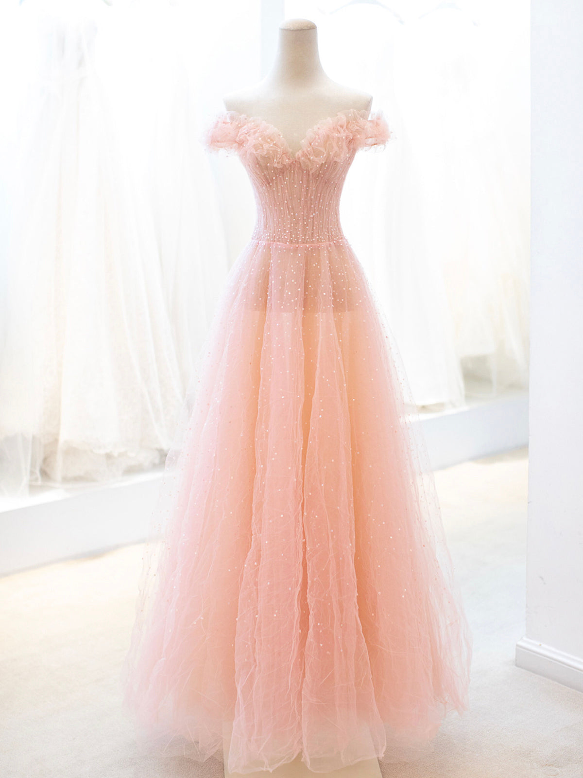 Bridesmaid Dress Convertible, Pink Tulle Sequins Long Prom Dress, A-Line Lovely Evening Party Dress