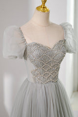 Prom Dresses Stores, Gray Tulle Beading Long Prom Dress, A-Line Short Sleeve Evening Dress