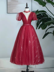 Formal Dresses For Large Ladies, Burgundy Tulle Sequins Tea Length Prom Dress, A-Line Evening Party Dress