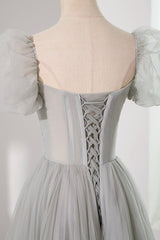 Prom Dress Store, Gray Tulle Beading Long Prom Dress, A-Line Short Sleeve Evening Dress