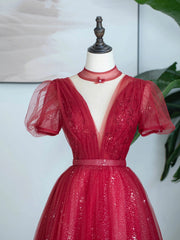 Formal Dresses Midi, Burgundy Tulle Sequins Tea Length Prom Dress, A-Line Evening Party Dress