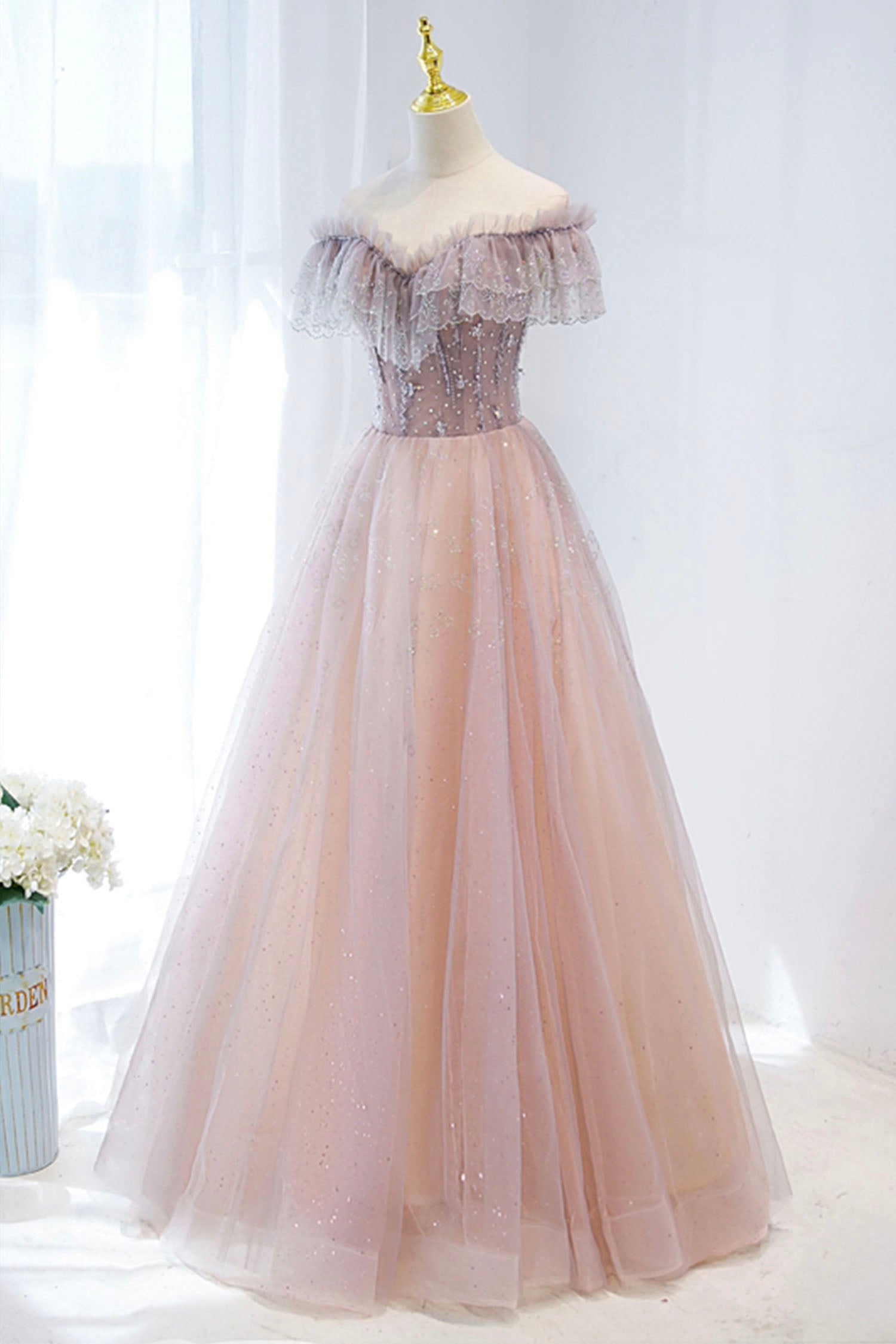 Bridesmaid Dress Styles Long, Pink Tulle Beaded Long Formal Dress, Pink V-Neck Prom Dress