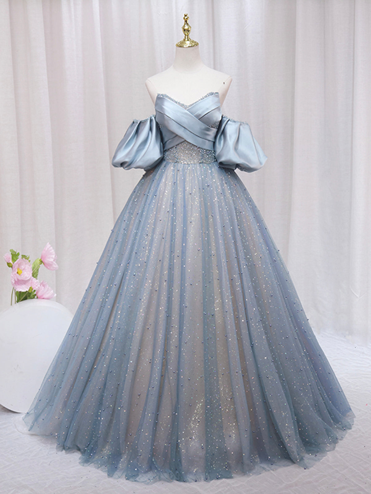 Bridesmaids Dresses Modest, Blue Puff Sleeve Long A-Line Prom Dress, Off the Shoulder Formal Evening Dress