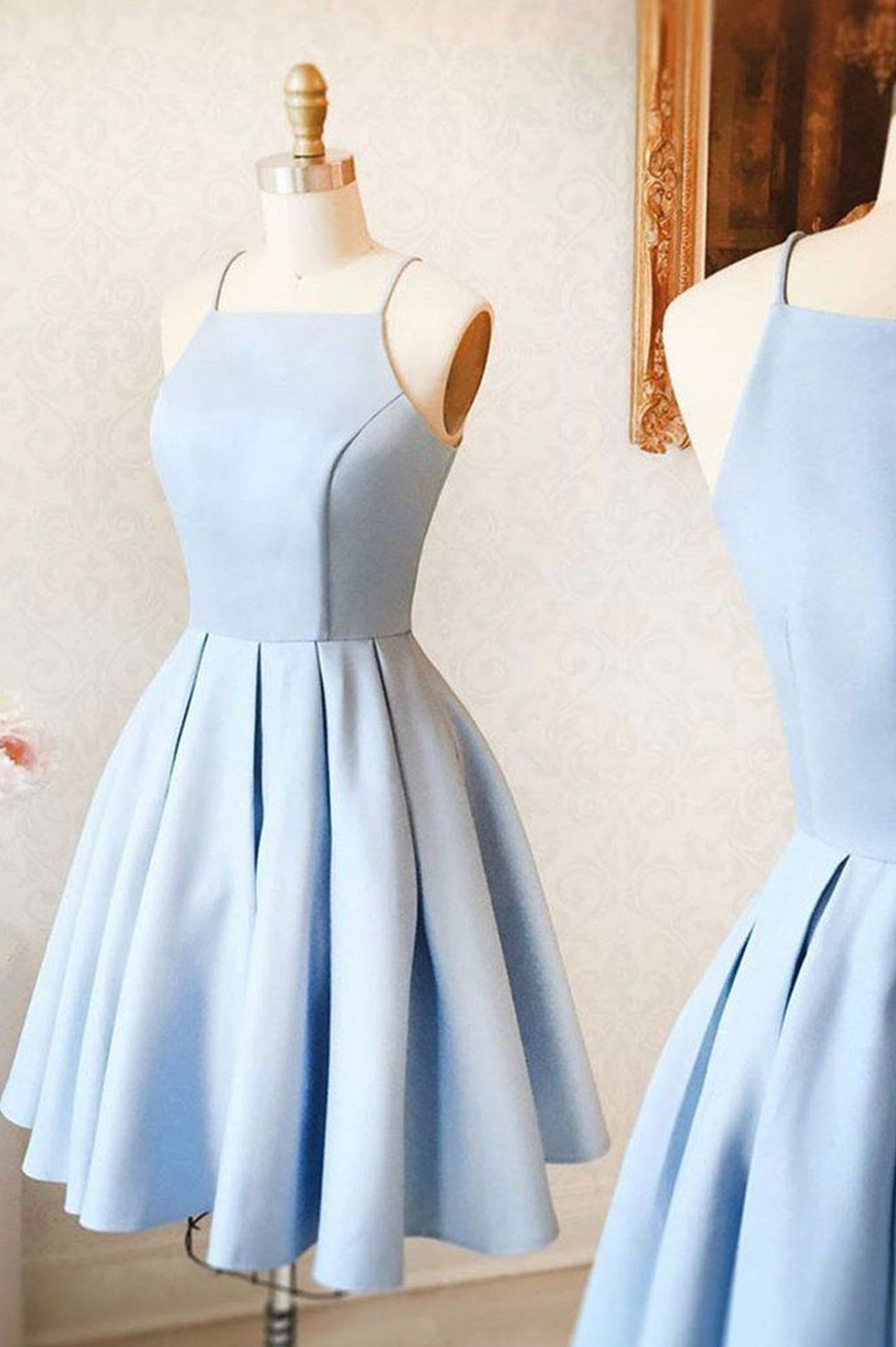 Bridesmaid Dresses Chicago, Blue Satin Short Prom Dresses, A-Line Evening Dresses