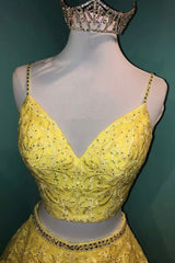 Black Dress Classy, Yellow Lace Two Pieces Prom Dress, A-Line Evening Party Dress