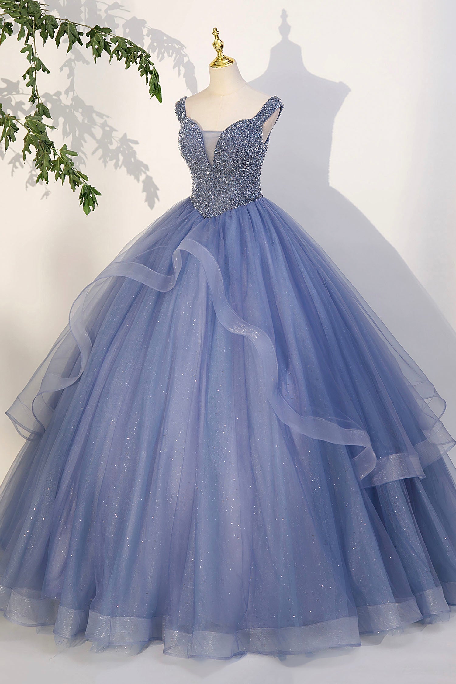 Long Sleeve Wedding Dress, Blue Beaded Tulle Long A-Line Prom Dress, Blue Formal Evening Dress