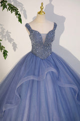 Bridesmaid Dresses Dusty Blue, Blue Beaded Tulle Long A-Line Prom Dress, Blue Formal Evening Dress