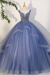 Bridesmaid Dress Dusty Blue, Blue Beaded Tulle Long A-Line Prom Dress, Blue Formal Evening Dress