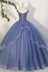 Simple Wedding Dress, Blue Beaded Tulle Long A-Line Prom Dress, Blue Formal Evening Dress