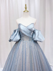 Bridesmaid Dress Mauve, Blue Puff Sleeve Long A-Line Prom Dress, Off the Shoulder Formal Evening Dress