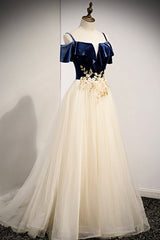 Prom Dress Gold, A-Line Off the Shoulder Long Prom Dresses, Champagne Evening Dresses