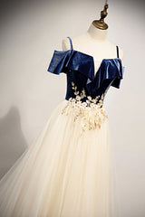 Prom Dresses Two Piece, A-Line Off the Shoulder Long Prom Dresses, Champagne Evening Dresses