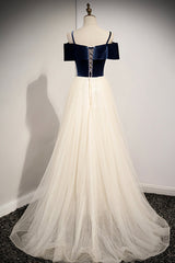 Prom Dresses Long Navy, A-Line Off the Shoulder Long Prom Dresses, Champagne Evening Dresses