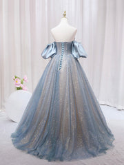 Wedding Photography, Blue Puff Sleeve Long A-Line Prom Dress, Off the Shoulder Formal Evening Dress