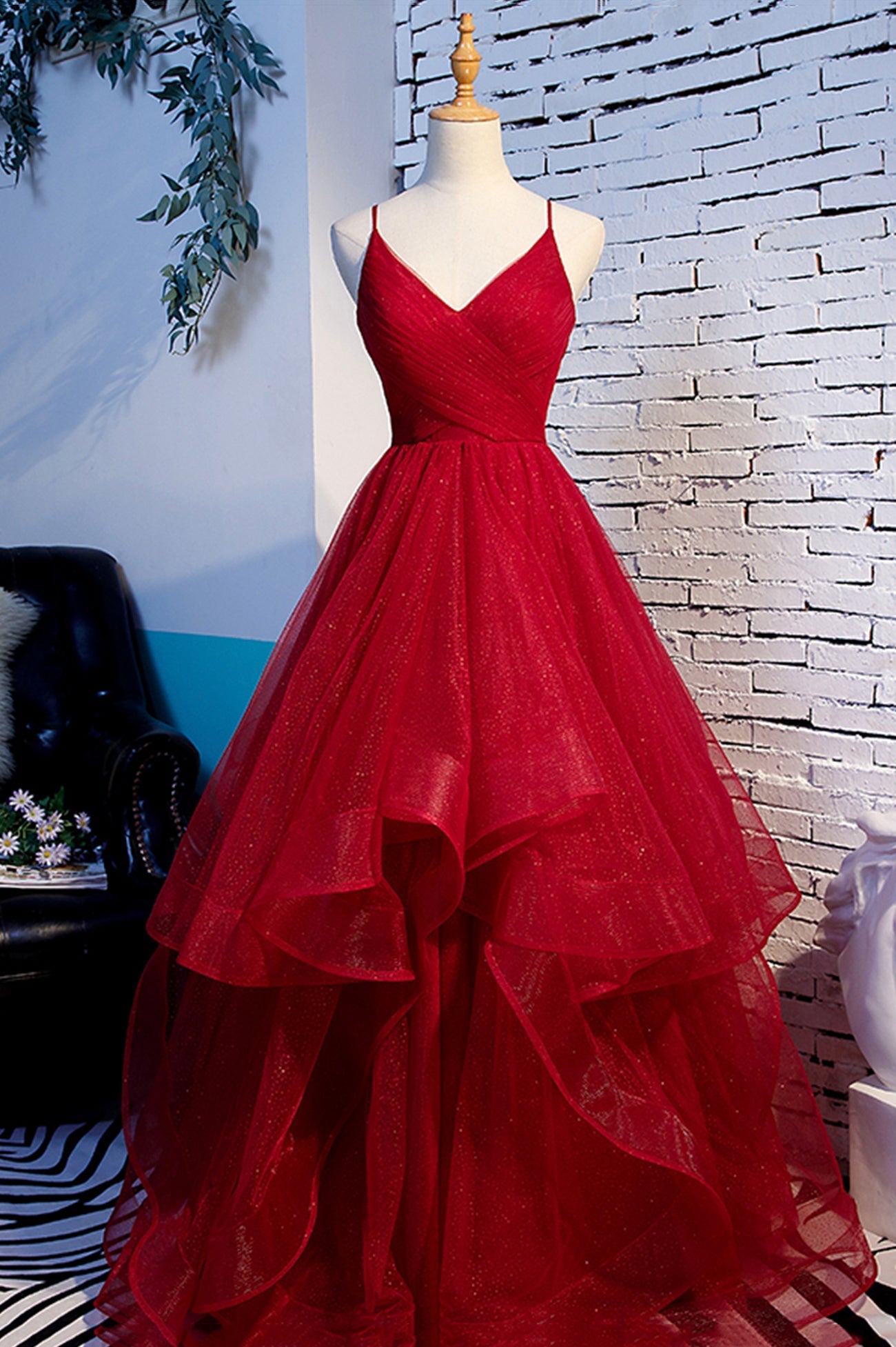 Party Dress 2044, Red V-Neck Tulle Long Prom Dress, A-Line Evening Dress