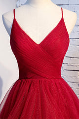 Party Dresses 2042, Red V-Neck Tulle Long Prom Dress, A-Line Evening Dress