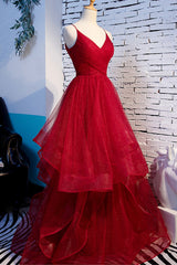 Party Dress Quick, Red V-Neck Tulle Long Prom Dress, A-Line Evening Dress