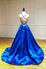 Classy Dress Outfit, Blue V-Neck Satin Long Prom Dresses, A-Line Backless Evening Dresses