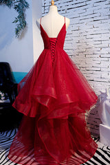 Party Dress And Gown, Red V-Neck Tulle Long Prom Dress, A-Line Evening Dress