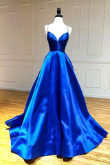 Prom Dress Inspo, Blue V-Neck Satin Long Prom Dresses, A-Line Backless Evening Dresses