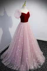 Bridesmaids Dresses Burgundy, Pink Tulle Long Prom Dress, A-Line Formal Evening Dress