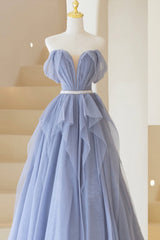 Bridesmaid Dress Floral, Blue Off Shoulder Tulle Long Formal Dress, A-Line Blue Evening Dress