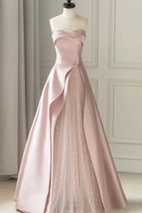 Bridesmaid Dresses Custom, Pink Strapless Satin Floor Length Prom Dress, A-Line Formal Evening Dress