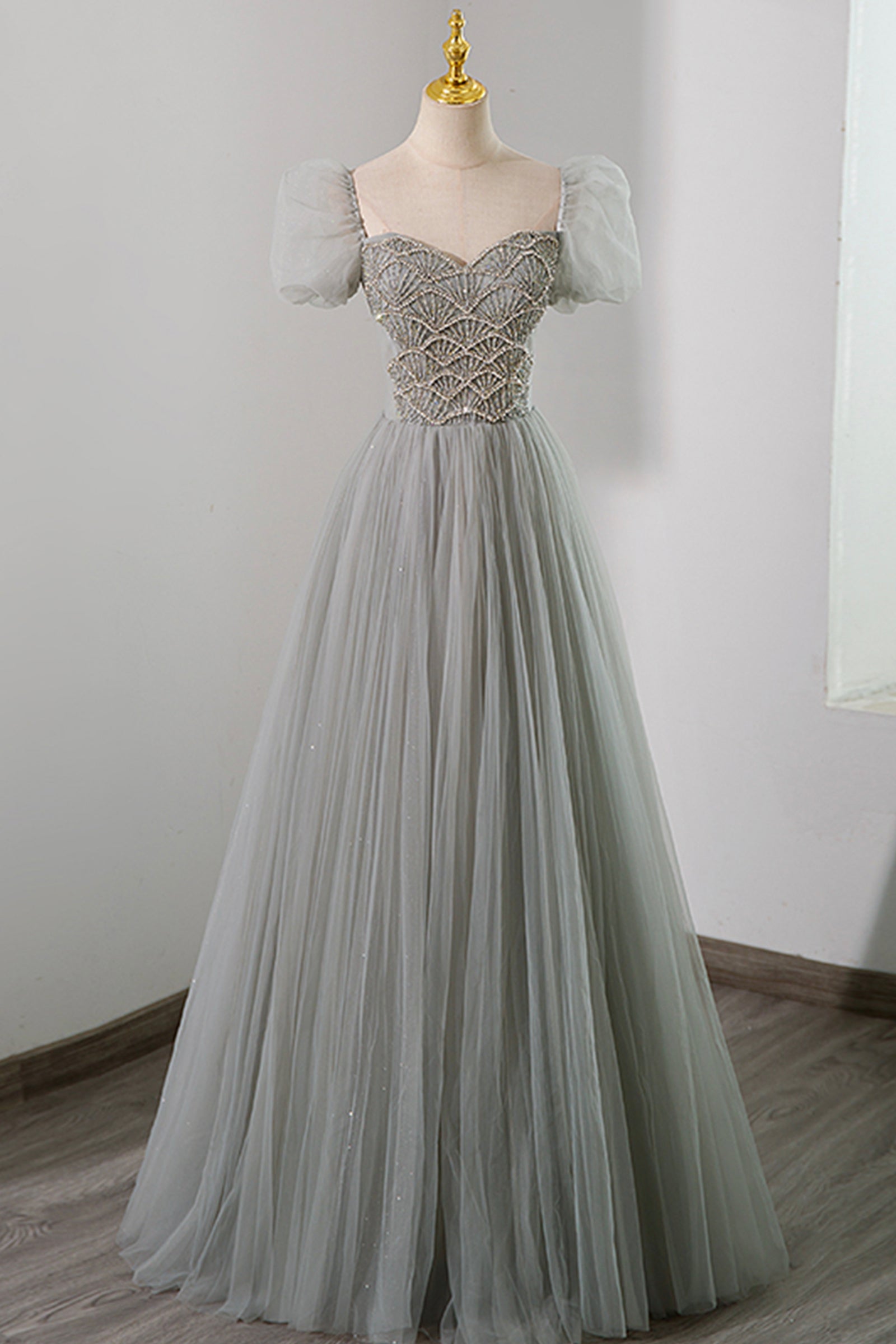 Prom Dresses For Girl, Gray Tulle Beading Long Prom Dress, A-Line Short Sleeve Evening Dress