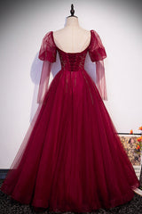 Formal Dresses Fall, Burgundy Tulle Beading Long Prom Dresses, A-Line Formal Evening Dresses