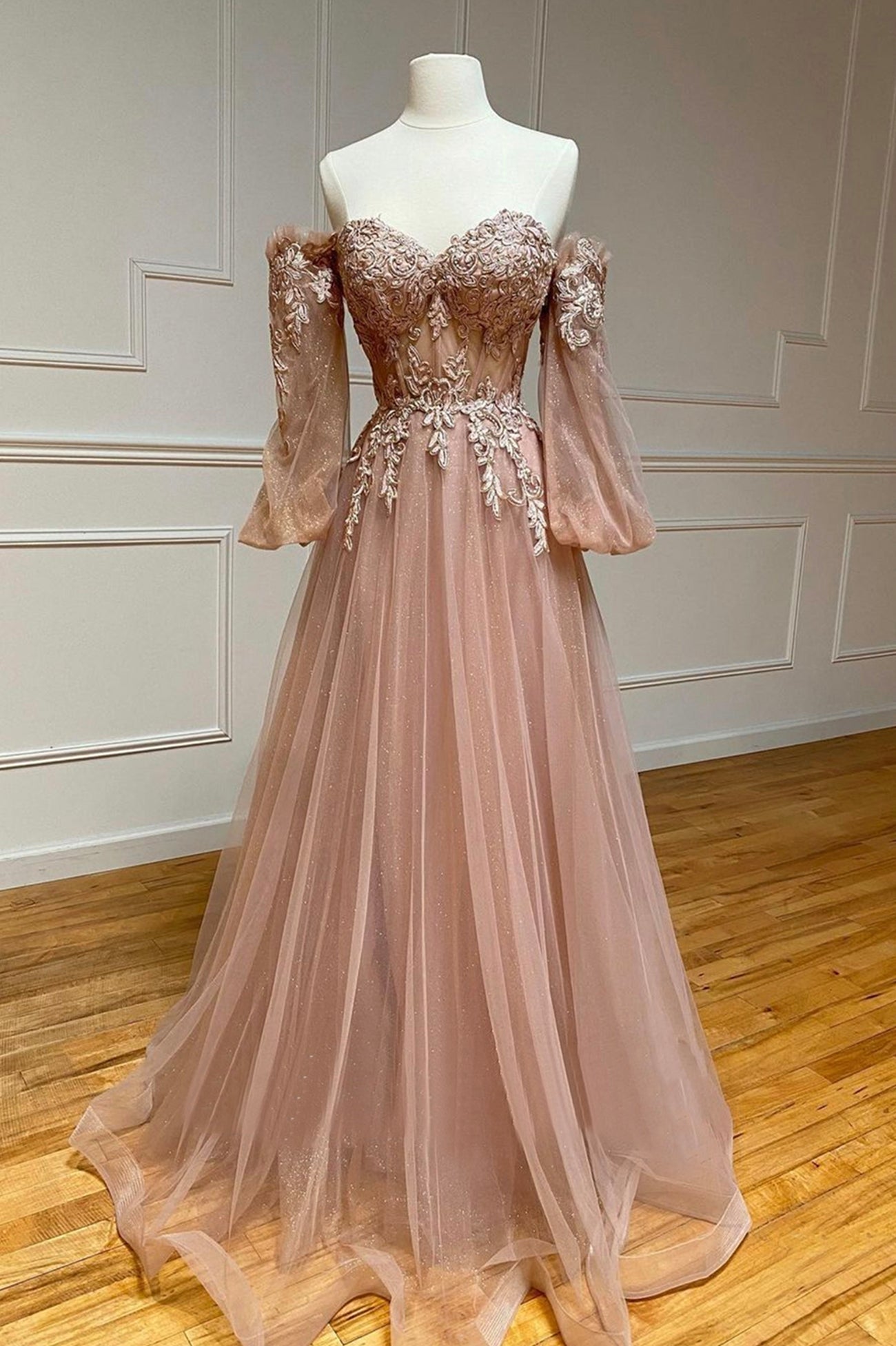 Cute Dress, A-Line Tulle Lace Long Prom Dresses, Off the Shoulder Lace Formal Dresses