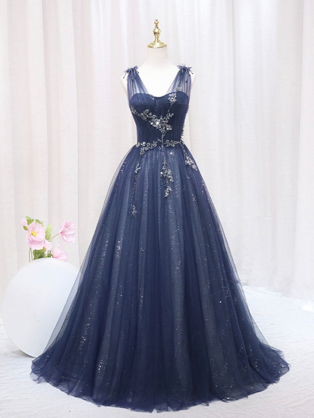 Party Dress New Look, Blue Tulle Beaded Long Prom Dress, Blue Evening Party Dress