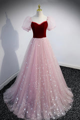 Bridesmaid Dresses Black, Pink Tulle Long Prom Dress, A-Line Formal Evening Dress