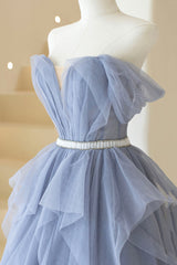 Bridesmaids Dresses Floral, Blue Off Shoulder Tulle Long Formal Dress, A-Line Blue Evening Dress