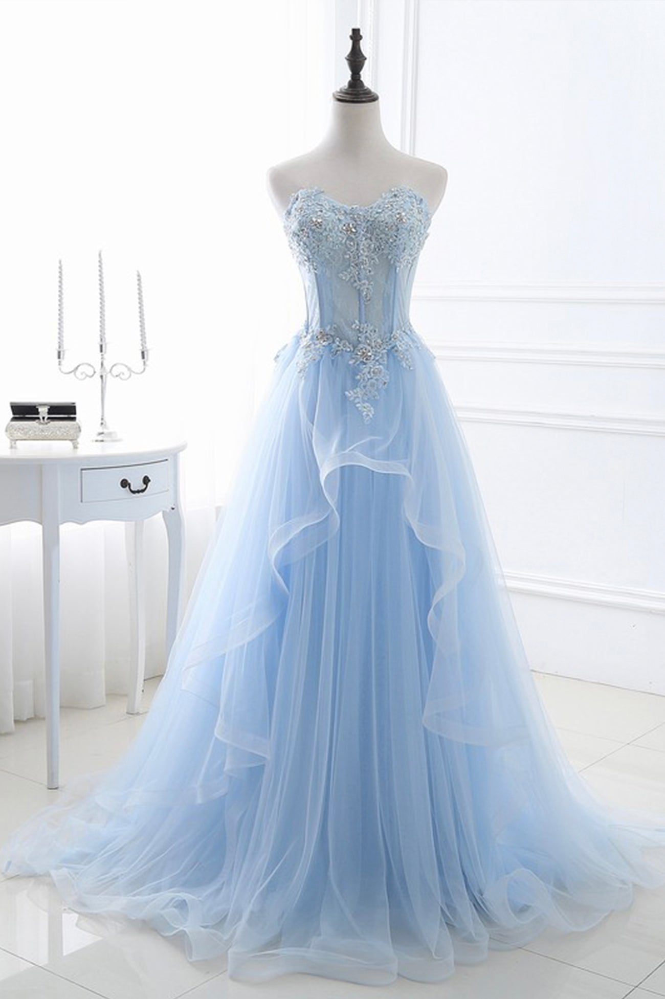 Party Dress Lady, Blue Strapless Tulle Lace Long A-Line Prom Dress, Blue Evening Dress