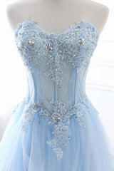 Party Dress Ladies, Blue Strapless Tulle Lace Long A-Line Prom Dress, Blue Evening Dress