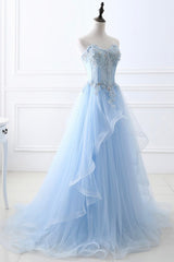 Party Dress For Teen, Blue Strapless Tulle Lace Long A-Line Prom Dress, Blue Evening Dress