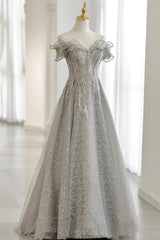 Prom Dresses Black Girls, Grey Tulle Sequins Long A-Line Prom Dresses, Off the Shoulder Evening Dresses