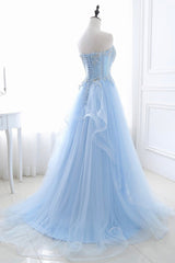 Party Dress For Teens, Blue Strapless Tulle Lace Long A-Line Prom Dress, Blue Evening Dress