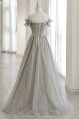 Prom Dresses Gold, Grey Tulle Sequins Long A-Line Prom Dresses, Off the Shoulder Evening Dresses