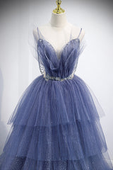 Bridesmaid Dress Peach, Blue Layers Tulle Long Prom Dresses, A-Line Spaghetti Straps Evening Dresses