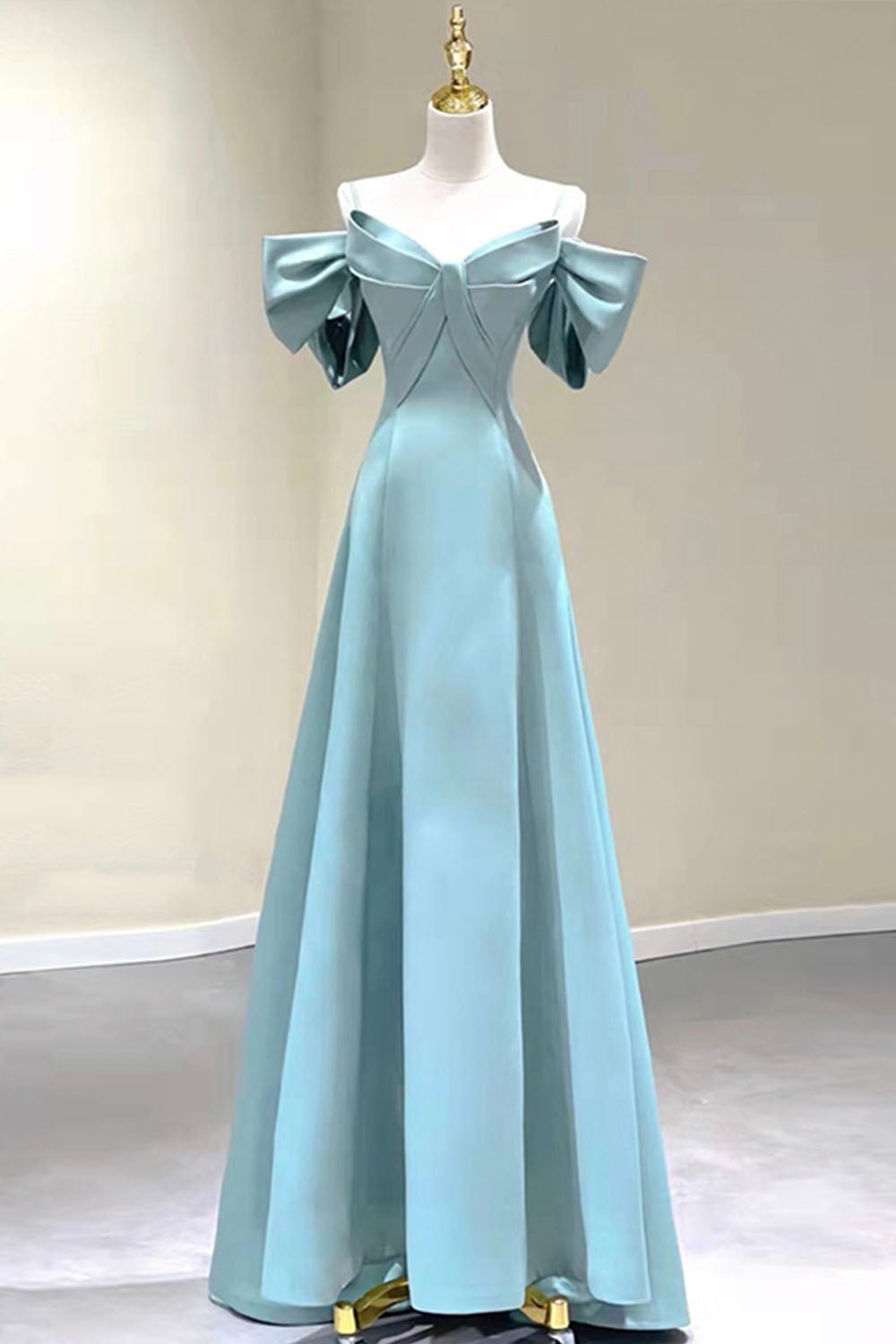 Pretty Prom Dress, Blue Satin Long A-Line Prom Dress, Off the Shoulder Evening Dress