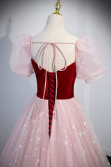 Bridesmaids Dress Burgundy, Pink Tulle Long Prom Dress, A-Line Formal Evening Dress