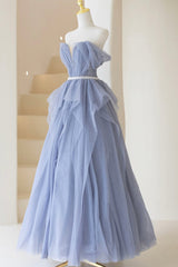 Bridesmaid Dress Lavender, Blue Off Shoulder Tulle Long Formal Dress, A-Line Blue Evening Dress